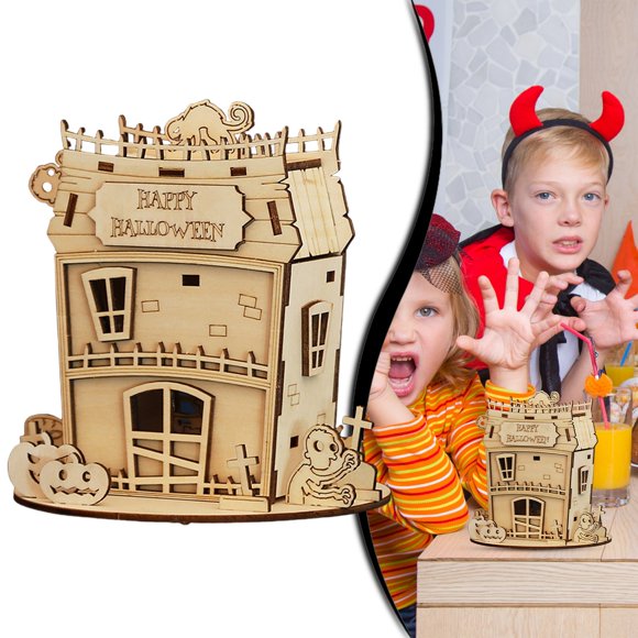 3D Wooden Halloween House Puzzles Wood Creative House Puzzle Assembly Model Building Kits To Build For Adults & Kids Halloween Decor Model Kits
