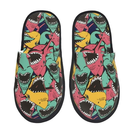 

Noikeo Angry Shark Pattern Pattern Cozy Slippers Indoor for Women and Mens Fuzzy House Shoes Soft Plush Warm Slip-on Slippers-Medium