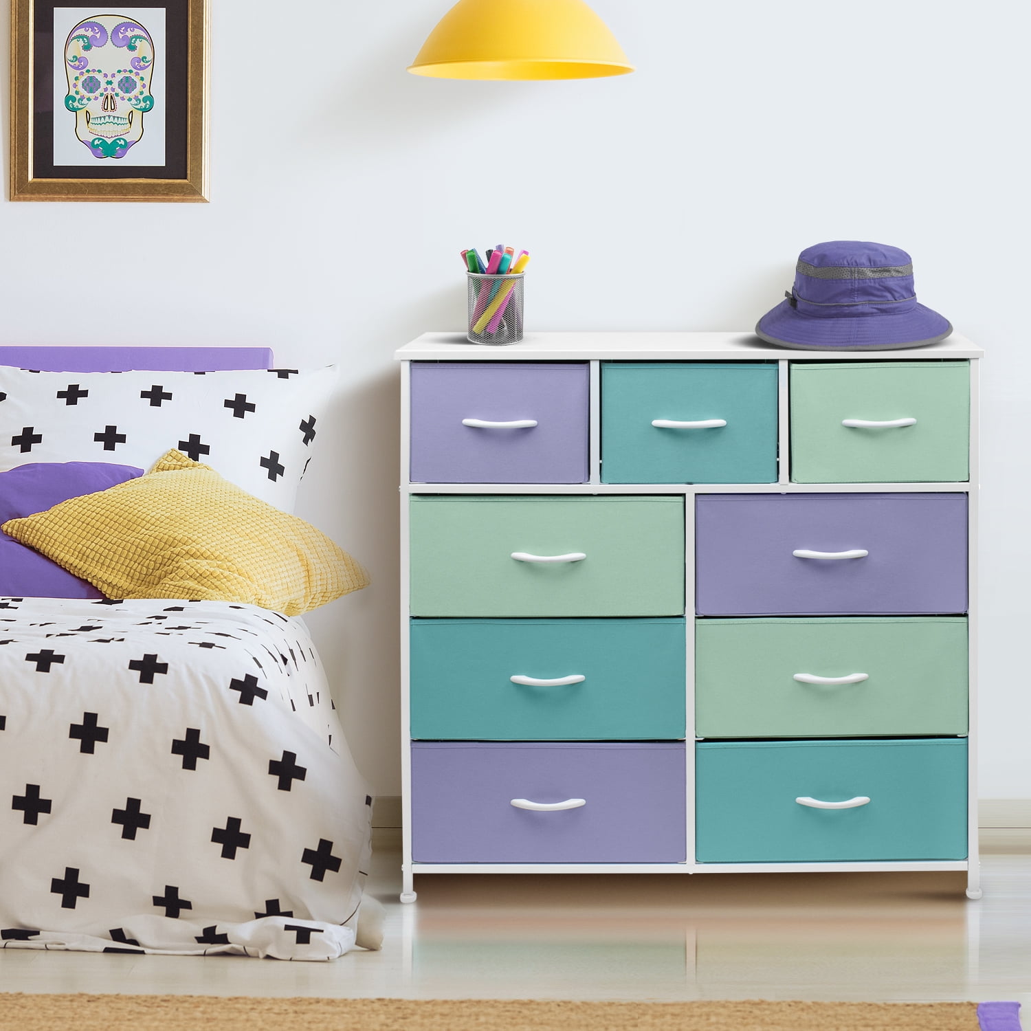 Sorbus Kids Bedroom Dresser - Chest of 9 Drawers with Steel Frame, Wood Top, and Pastel Fabric Bins
