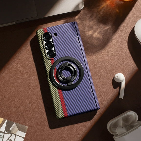 ELEHOLD Carbon Fibre Texture Rugged Case For Samsung Galaxy Z Fold 7 with Magnetic Ring Holder,Fashion Shockproof Anti-Scratch Ring Kickstand Protective Case Cover,Purple