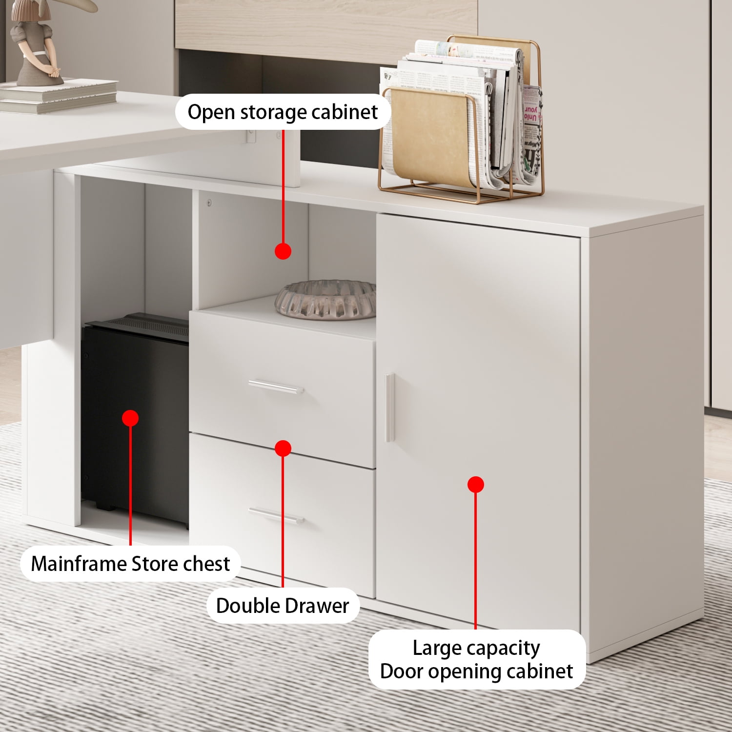 KULAGAGA Reversible L-Shaped White Writing Workstation Table, Computer Desk with Cabinet, Drawer and Shelf for Home Office Study, 55 inch