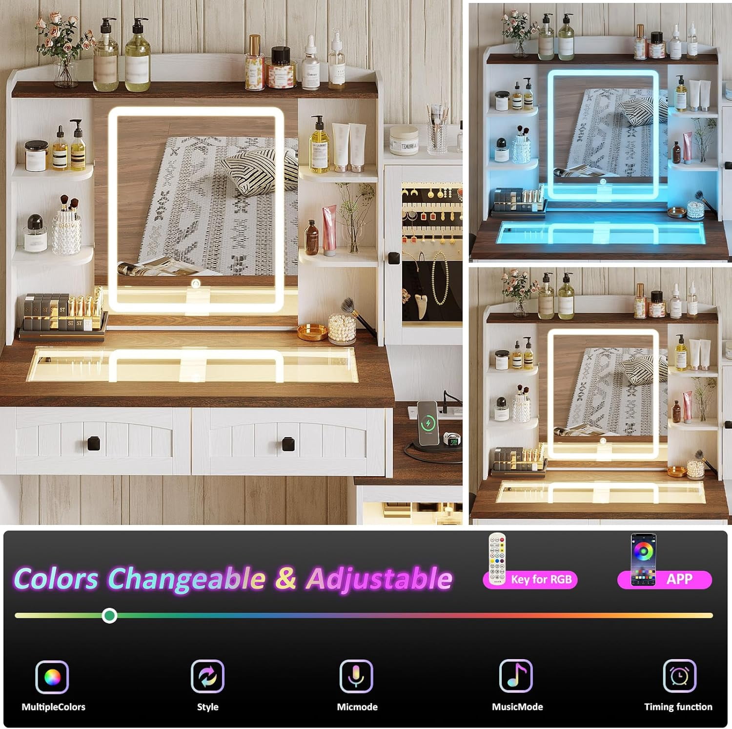Vabches Farmhouse Vanity Desk Set with LED Lights Mirror & Glass Top, Large Makeup Table with RGB Light, Jewelry Cabinet & Power Outlet & Chair for Girls, White