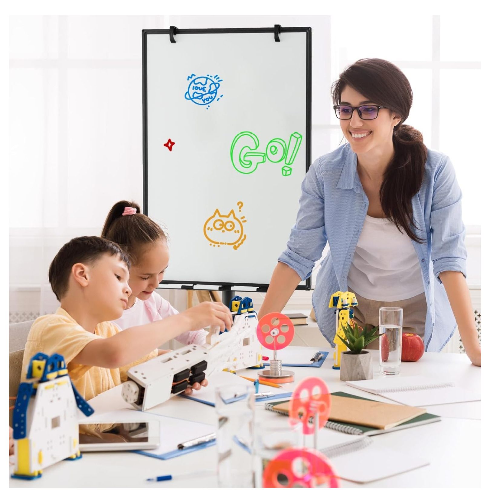 Mobile White Board Dry Erase, 40x26” Rolling Magnetic Whiteboard W/Adjustable Stand, Dry Whiteboard Eraser, 2 Flipchart , 25 Sheets Paper Pad, 6 Markers, Standing Portable White Board