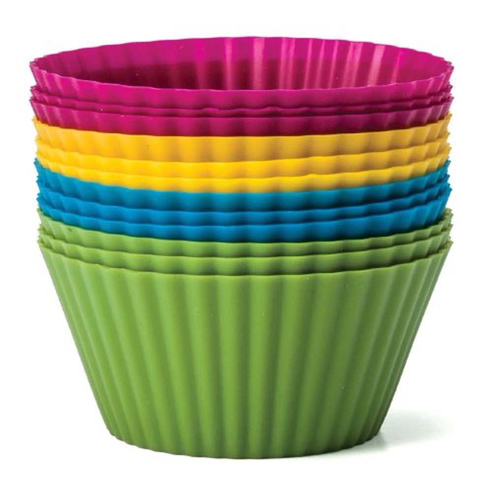 Baking Essentials 12 pc Colorful Silicone cupcake Molds/Holder GREAT