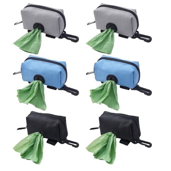 6 Pack Dog Poop Bag Holder, 2 Each Blue, Black, Gray Oxford Fabric Waste Bag Dispenser with Carabiner for Walking Pets