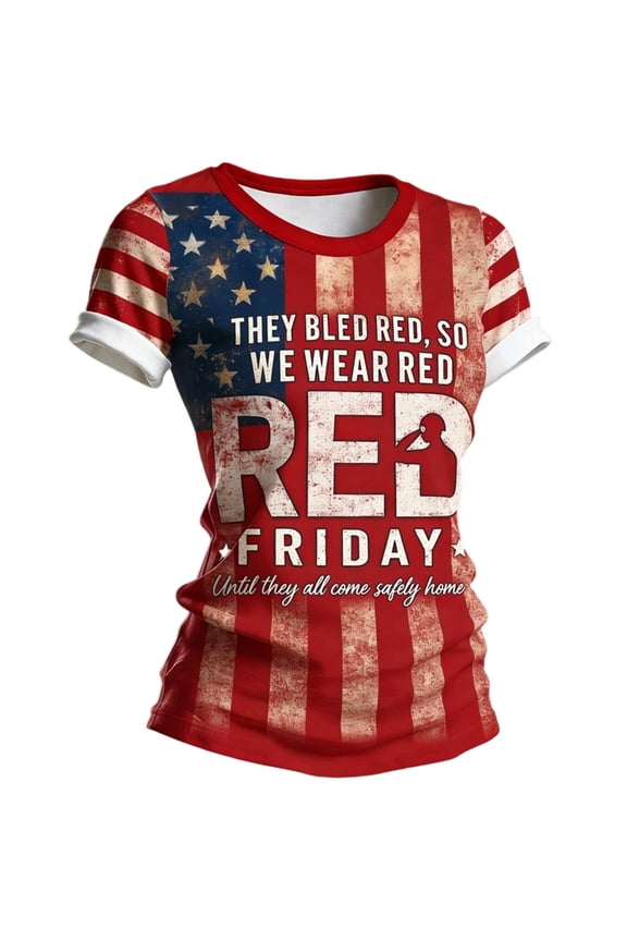 Red Friday T-Shirts for Women Remember Everyone Deployed Veteran Patriotic Tops 250th Anniversary USA Shirt Fashion American Flag Print Slim Fitted Crew Neck Summer Tees Red S