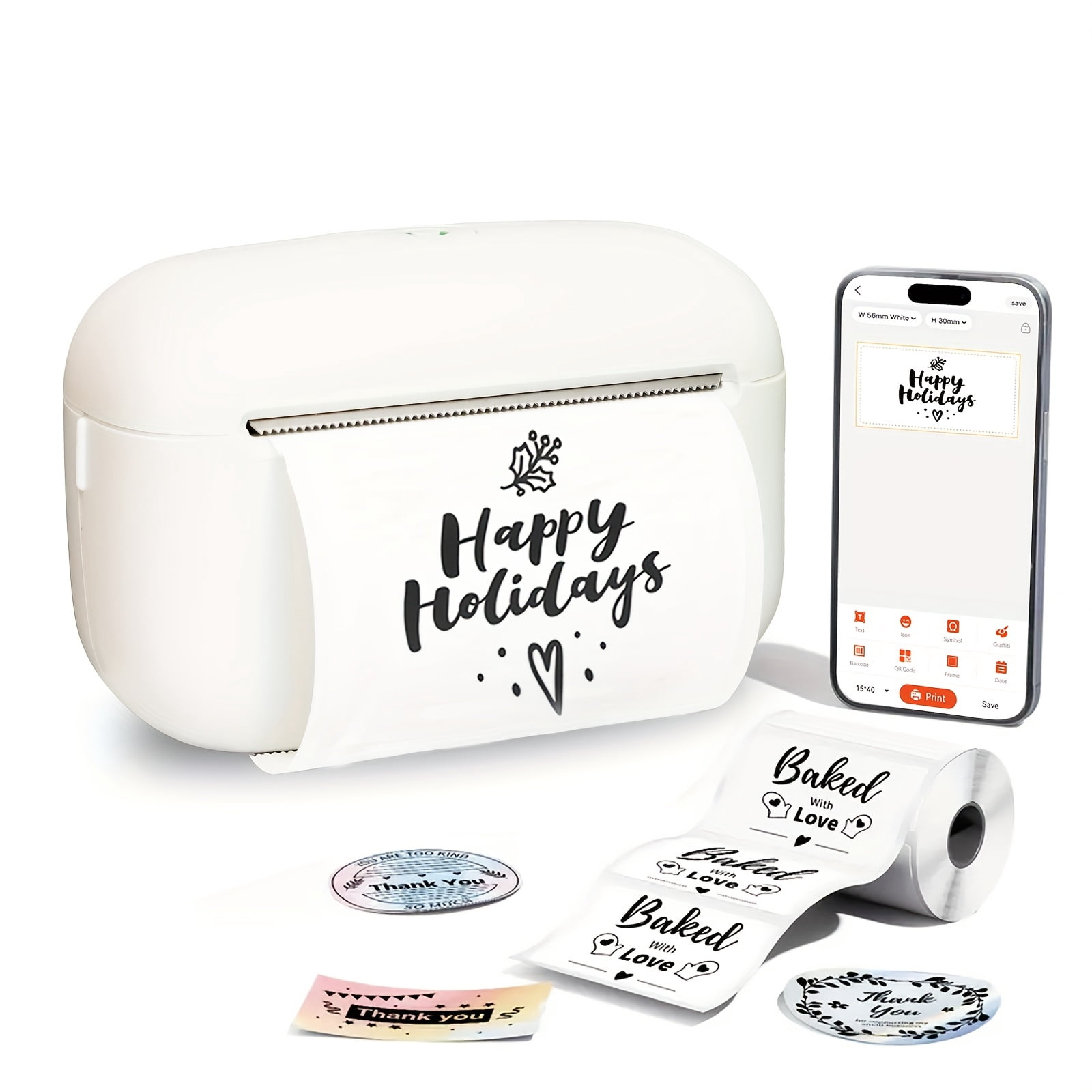 Inkless Portable Thermal Label Printer with Free Paper, Wireless Barcode Sticker Maker for Clothing Jewelry Retail Mailing Journals DIY Birthday Gifts