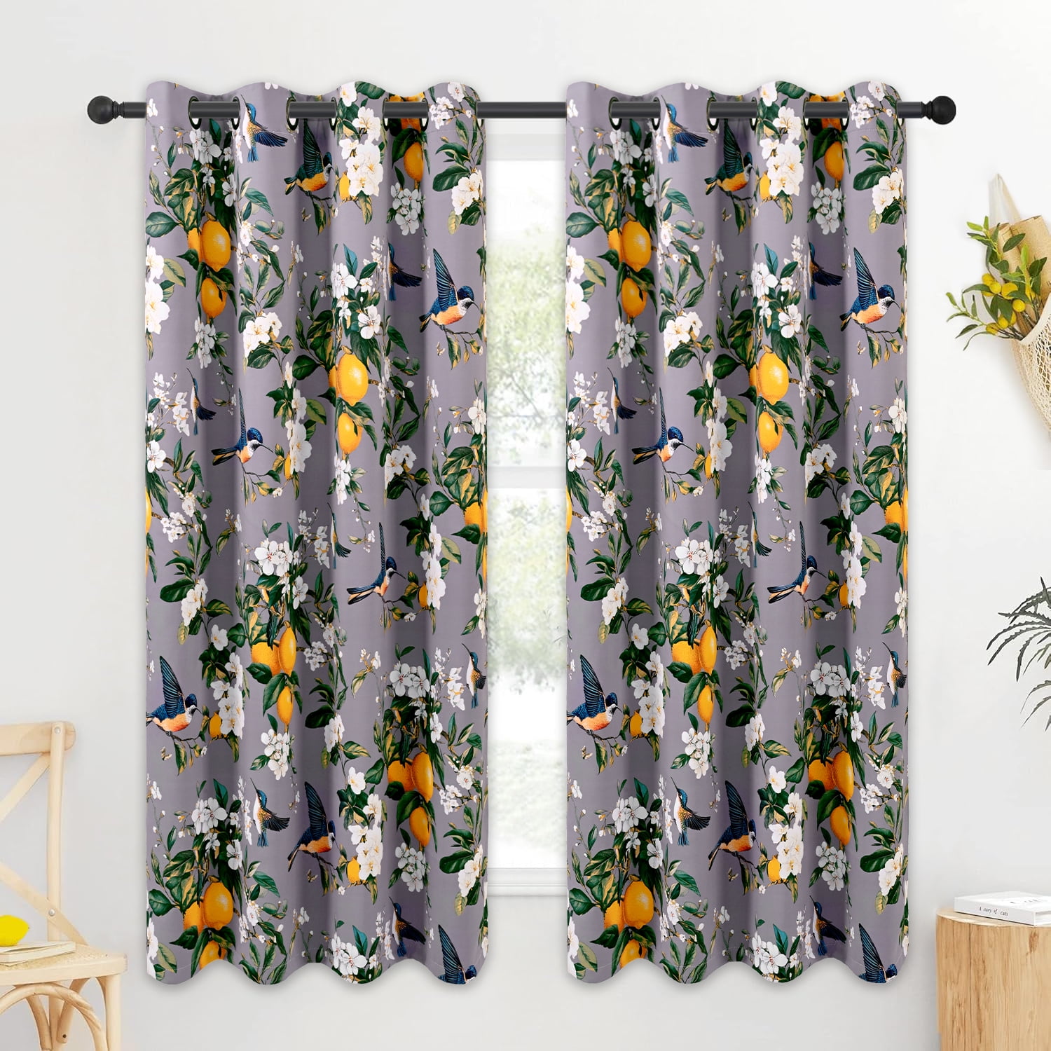 Alishomtll Floral Lemon Hummingbird Blackout Curtains Room Darkening Grommet Window Drapes for Living Room , 52"x63", ,Set of 2 Panels,Grey