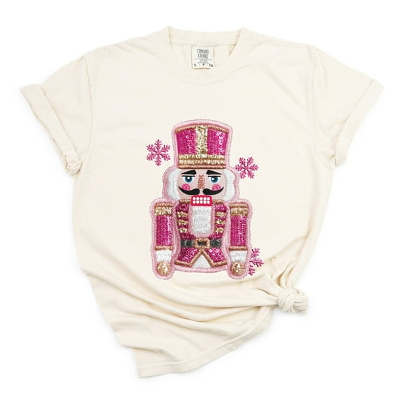 Pink Snowflake Nutcracker Patchwork Print - Women's Garment Dyed Graphic T-Shirt