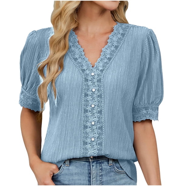 Eres Más Que una Camisa de Puntuación de Prueba Boho Top Manga Corta Cuello Redondo Blusa Suelta, Detalle de Encaje Color Sólido Desgaste de Verano Casual, Mezcla de Poliéster Spandex