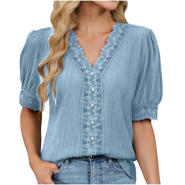 Eres Más Que una Camisa de Puntuación de Prueba Boho Top Manga Corta Cuello Redondo Blusa Suelta, Detalle de Encaje Color Sólido Desgaste de Verano Casual, Mezcla de Poliéster Spandex
