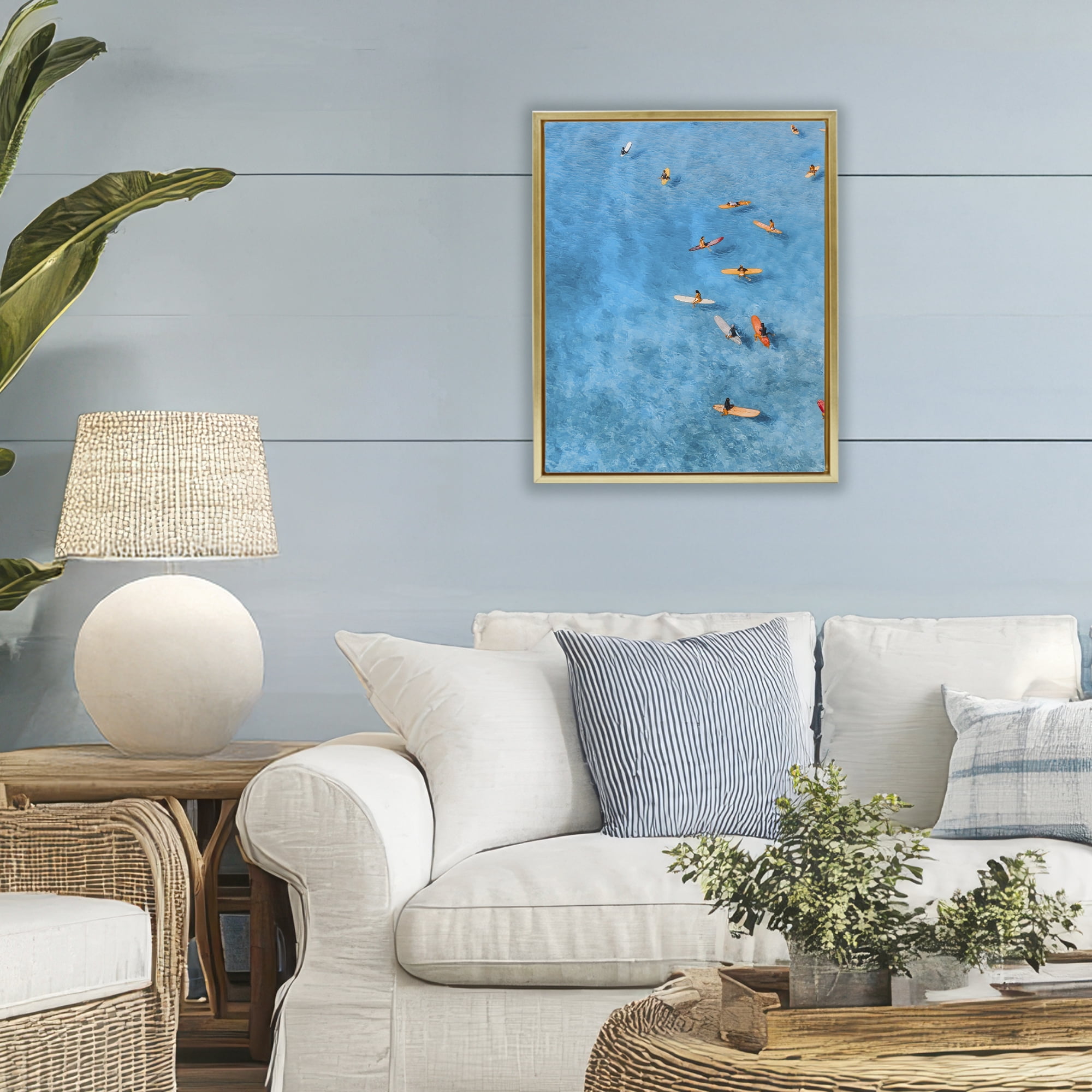 Stupell Industries Leisurely Surfers on Sea Gold Framed Floater Canvas Wall Art, design by Jesse Keith