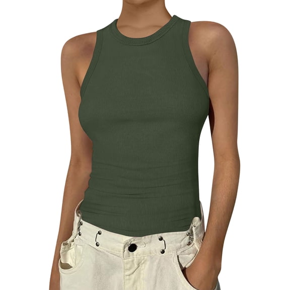 Womens Tank Tops High Neck Sleeveless Ribbed Tank Casual Basic Thick Strap Slim Fitted Shirts