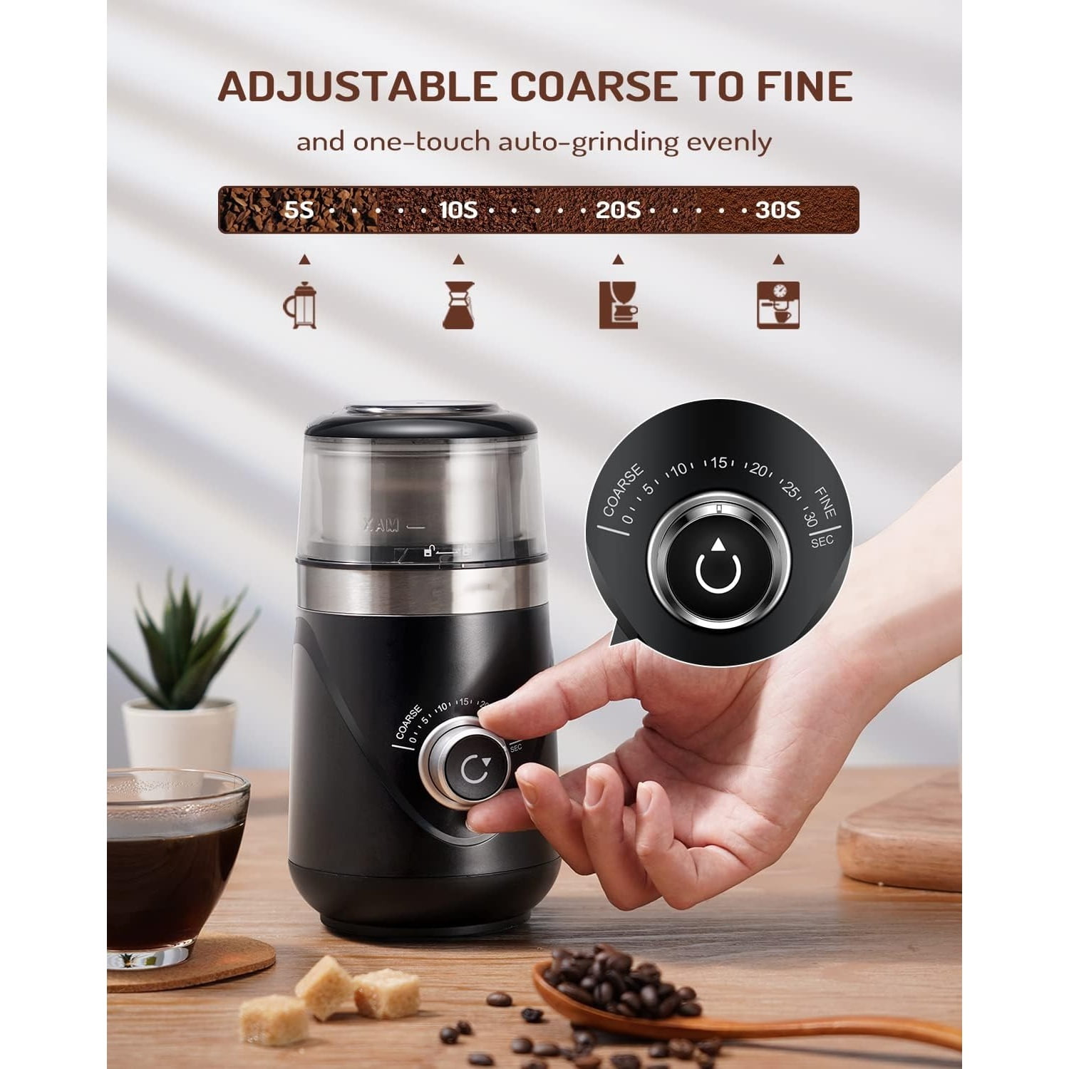 Electric Super Silent Blade Coffee Grinder, Timed Grind Control Rotary Knob, Adjustable Coarse to Fine for Coffee Beans, Spices & Herbs, with 1 Removable Stainless Steel Bowl, Black