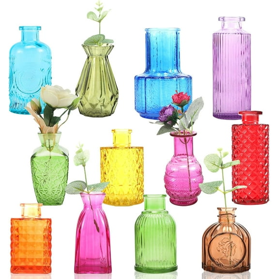 12 Pcs Glass Bud Vases in Bulk,Mini Vintage Flower Vases for Centerpieces,Colored Small Vases for Flowers,Glass Bottles for Home Wedding PartiesTable Decoration (Many Colors)