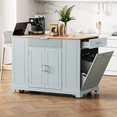 thumbnail image 2 of Fluted Kitchen Island with Trash Can Storage, Power Outlet & Internal Rack, Rolling Cart with 3 Drawers & 3 Open Shelves, 5-Wheel Mobile Kitchen Island for 10 Gallon Bin, Grey Blue, 2 of 9