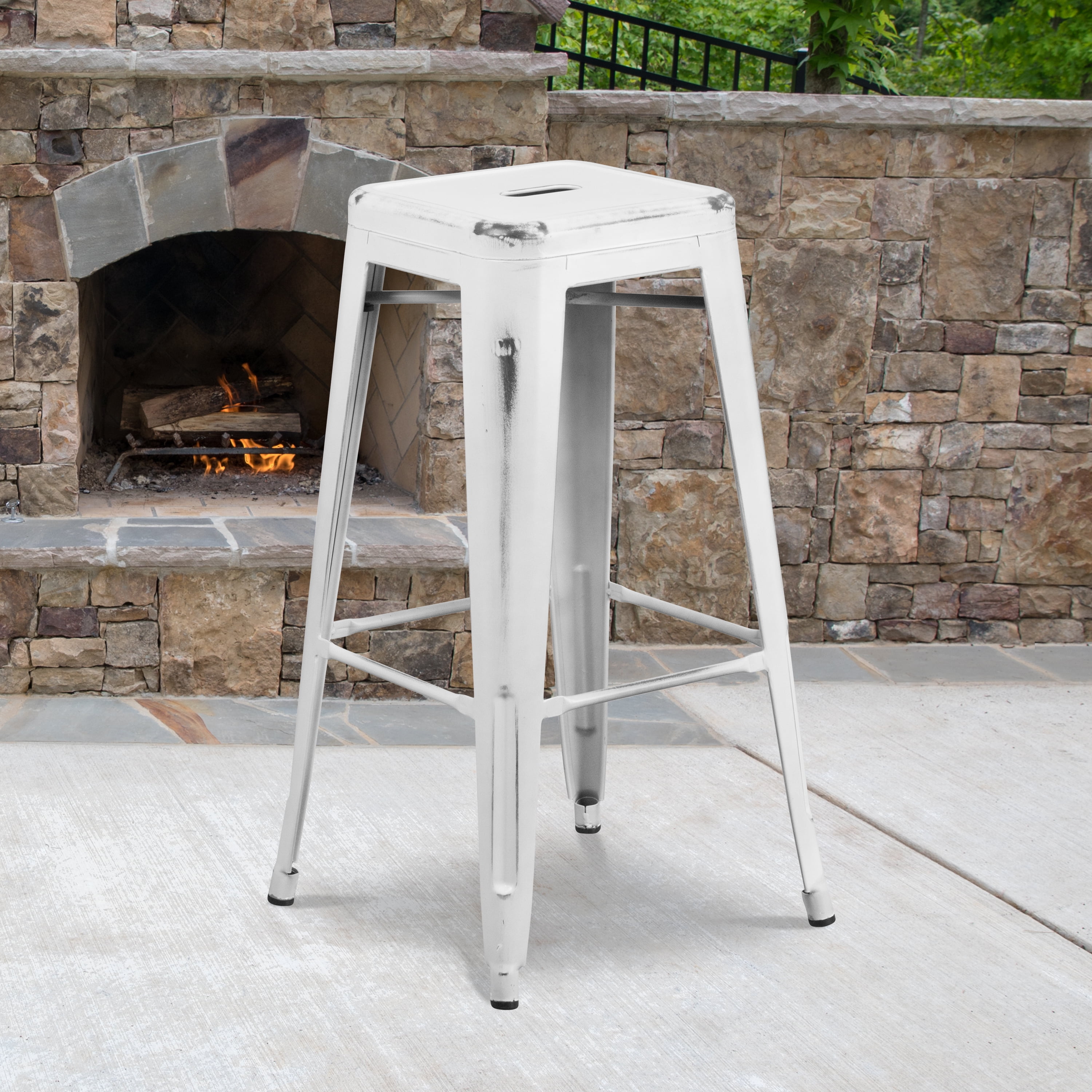 Commercial Grade 30"H Backless Distressed White Metal IndoorOutdoor