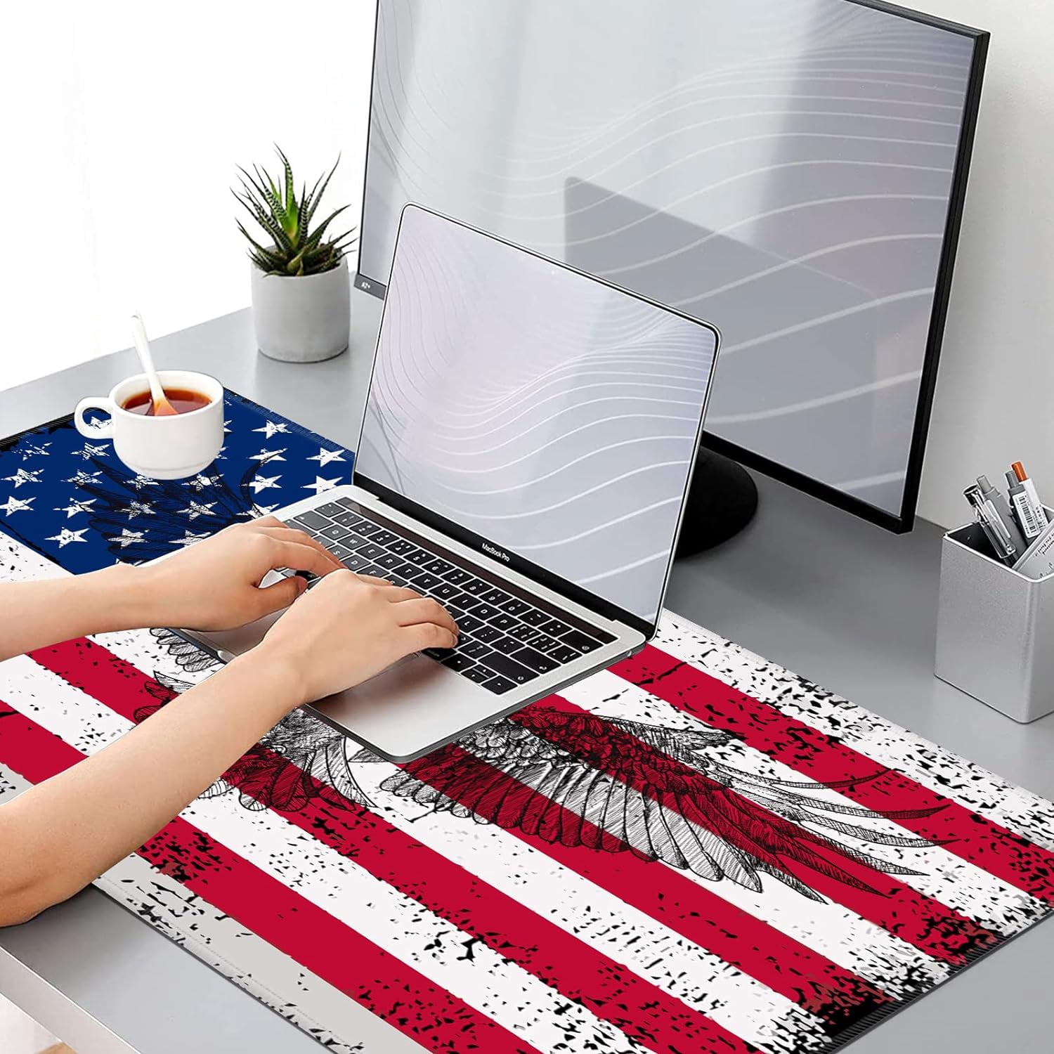Big Gaming Mouse Pad, Extended 35.4" X 15.75" in Desk Pad for Keyboard and Mouse, Computer Keyboard Mouse Mat 3mm Thick XXL Rubber Mousepad for Laptop Gamer, Eagle American Flag