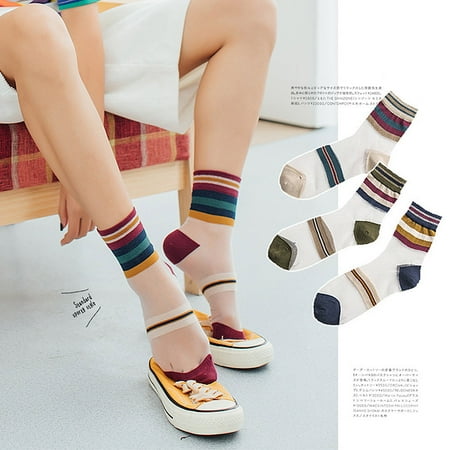 

Fashion Women Colorful Stripe Ultrathin Transparent Elastic Middle Tube Socks