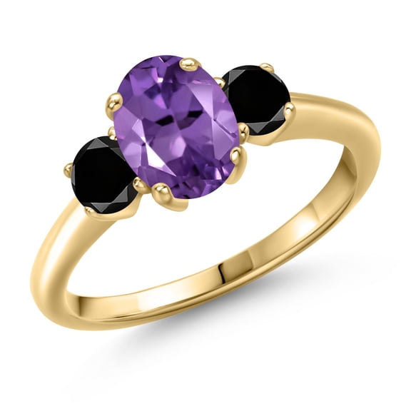 Gem Stone King 1.69 Ct Oval Purple Amethyst Black Diamond 18K Yellow Gold Plated Silver Ring