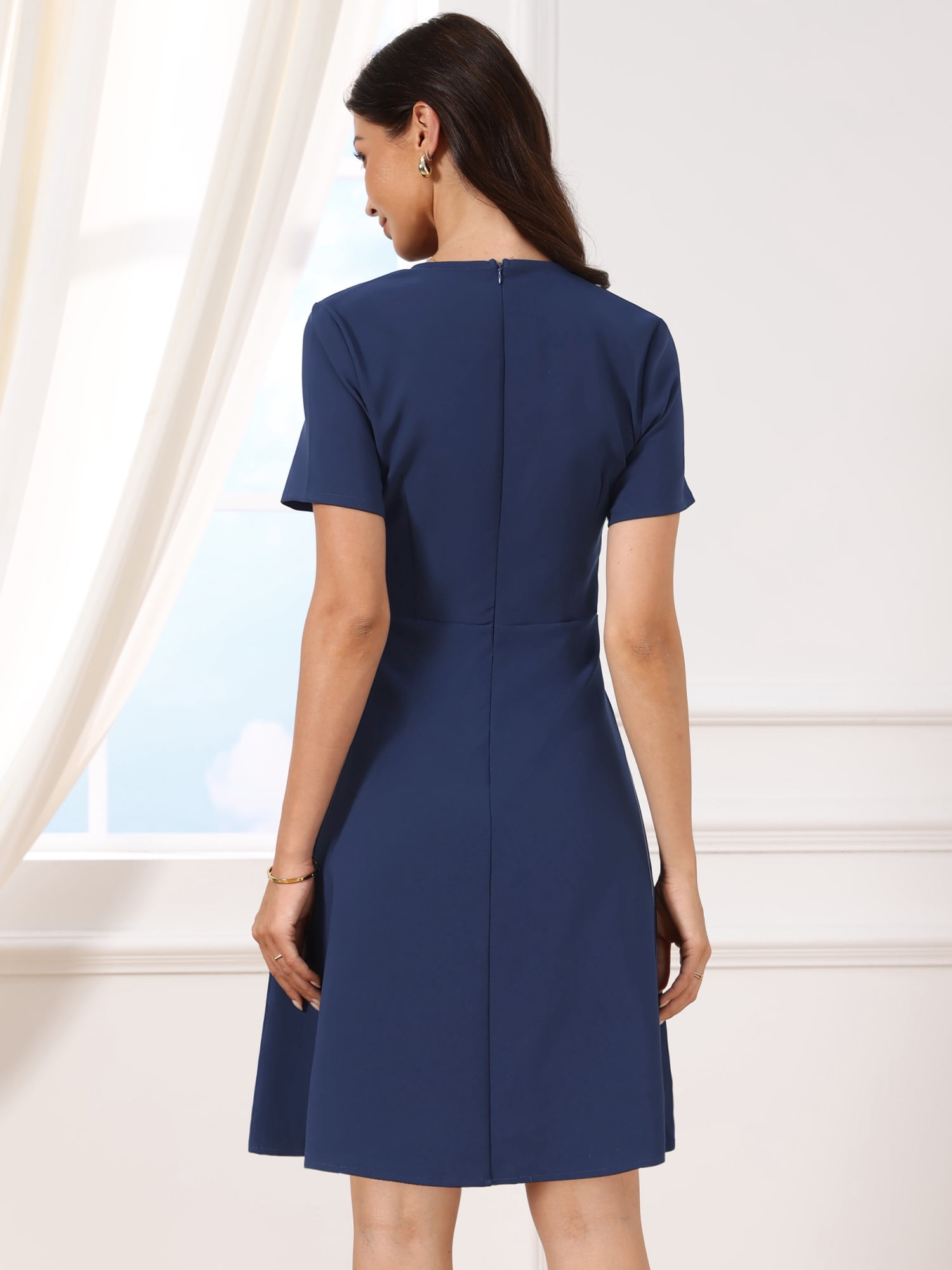 DARING DIVA Women's V Neck Short Sleeves Tweed Trim Dressy A-Line Dress S Dark Blue