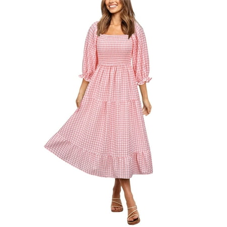 

Amuver Women Summer Bohemian Dress Adults Off-shoulder Smocked Puff Sleeve Plaid One-piece