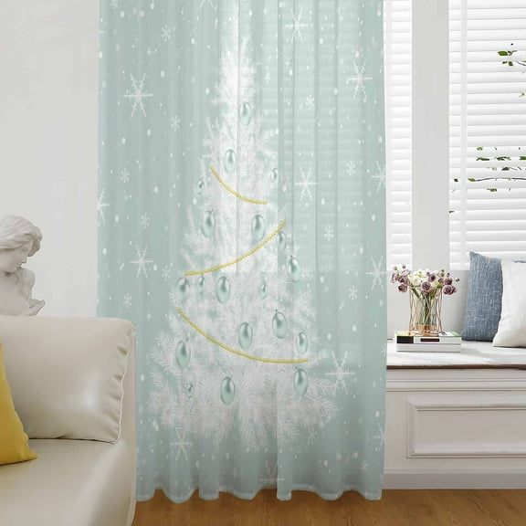 Teal Green Christmas Tree Semi Sheer Curtains Drapes for Living Room, Bedroom, French Doors Window 45 Inches Long, Balls Snowflake Xmas Tree Rod Pocket Chiffon Curtain Drapery Voile Draperies Panel