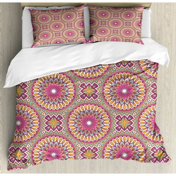 Folkloric Duvet Cover Set, South Eastern Themed Mandala Inspired Floral Medallion Repetition, Decorative 3 Piece Bedding Set with 2 Pillow Shams, King Size, Pink Mint Green Marigold, by Ambesonne