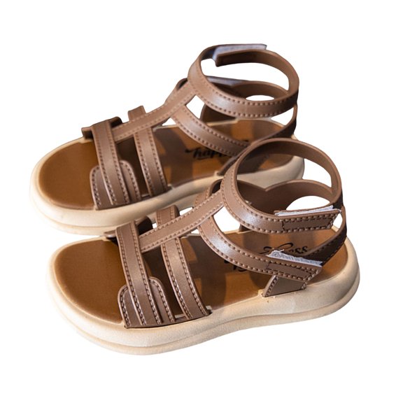 Childrens Gladiator Sandals Boys Girls Non Slip Solid T-Strap Fisherman Sandal Thick Soft Sole Walking Shoes Brown 1 Big Kids