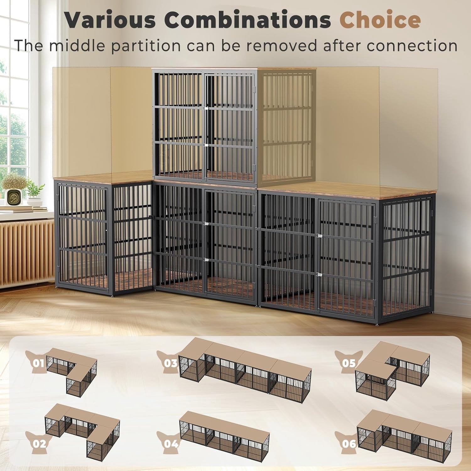 48'' XXL Pet Dog Crate Furniture with 3 Doors,Wooden Crate End Table Heavy Duty Indoor Combination Cage for Medium to Large Dogs, Multiple Units Can be Combined