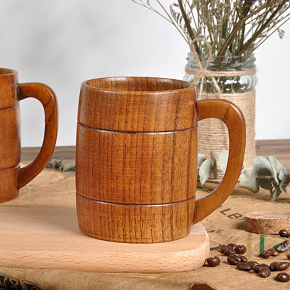 Handmade Wooden Coffee Cup Tea Cups Drinking Wood Mug with Handle for Beer/ Coffee/Milk,4 PACK/1Set 