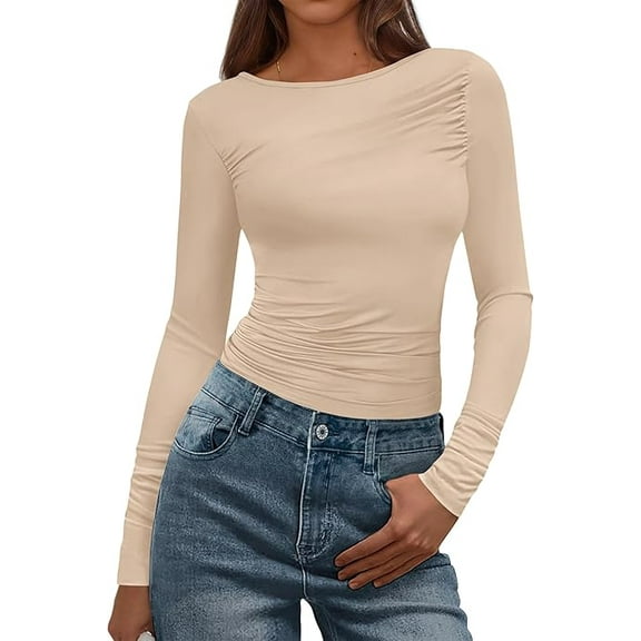 FreshPretty Womens Tops Dressy Casual Workout Outfits Fall Long Sleeve Shirts Boat Neck Ruched Bodycon Going Out Top