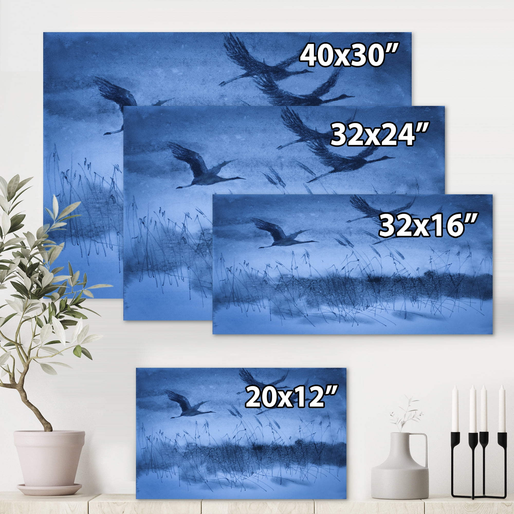Designart ' Cranes In Flight During Blue Evening Light ' Traditional Canvas Wall Art Print