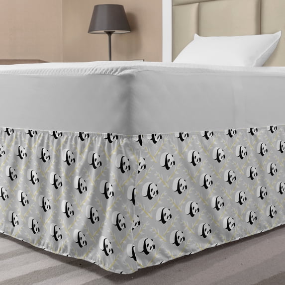 Panda Bed Skirt, Repetitive Cartoon Animal with Leafy Branches, Elastic Bedskirt Dust Ruffle Wrap Around for Bedding Decor, 4 Sizes, Grey Multicolor, by Ambesonne