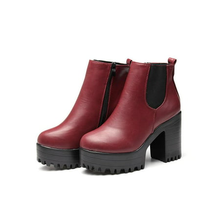 Meigar Winter Women Platform Shoes Leather Chunky Heel
