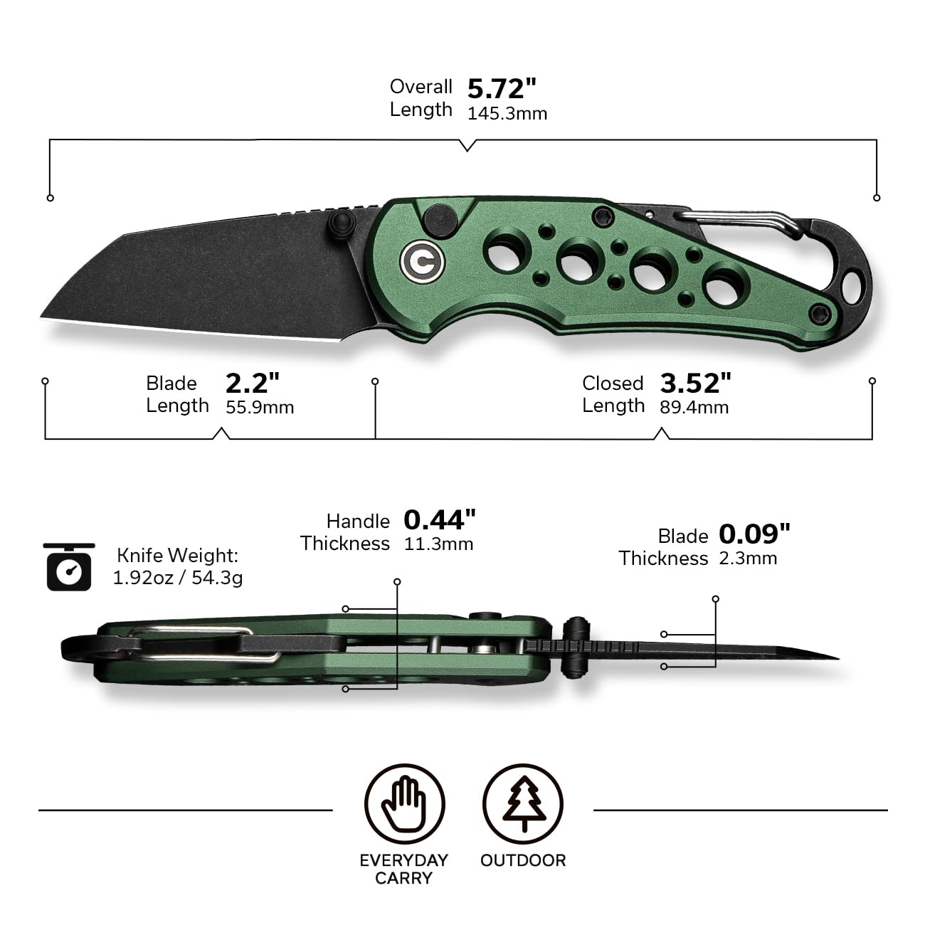 CIVIVI Pragma Folding Knife, Pocket Knife Multitool with Carabiner, Bottle Opener, 2.2" Nitro-V Blade Aluminum Handle C23062B-3 (Green)