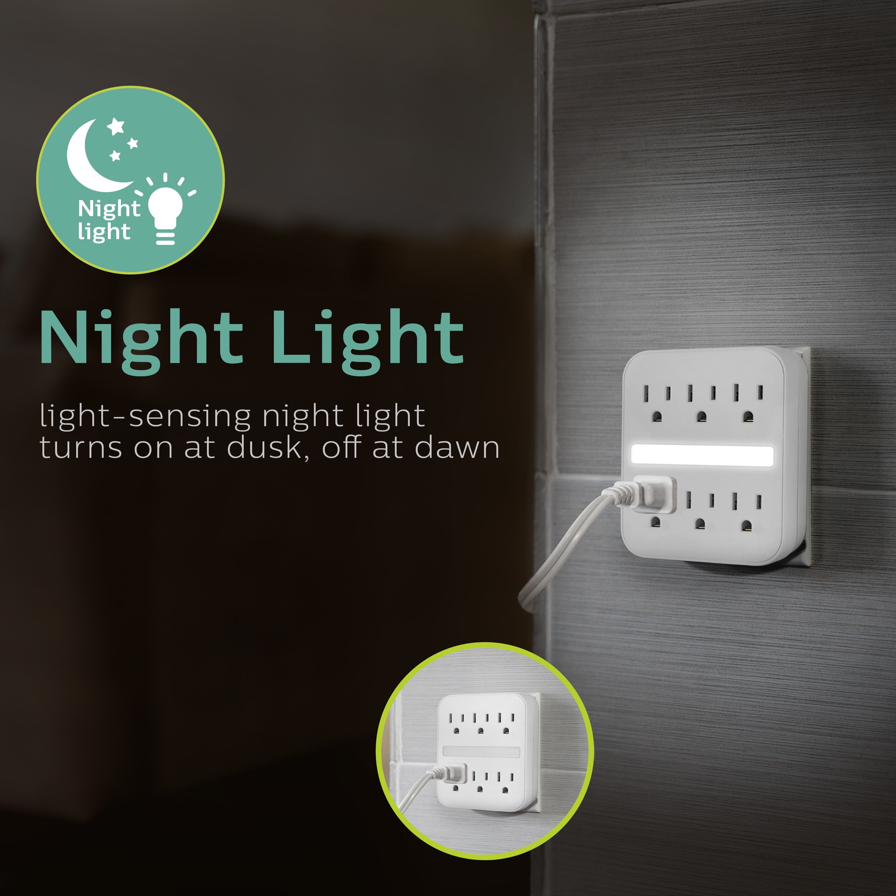 Philips 6-Outlet Grounded Wall Tap with Night Light, 440J, 15A, White, SPP1060WA/37