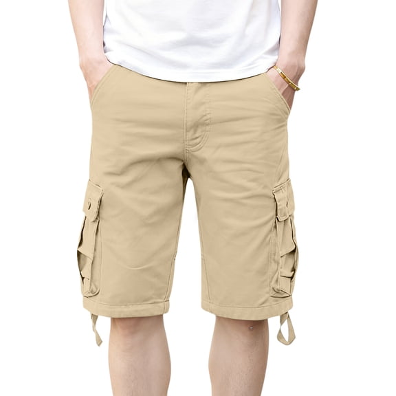 Zimjoy Men's Casual Twill Tactical Cargo Shorts Elastic Waist Drawstring Knee Length Multi Pockets Summer Work Shorts, Khaki 29