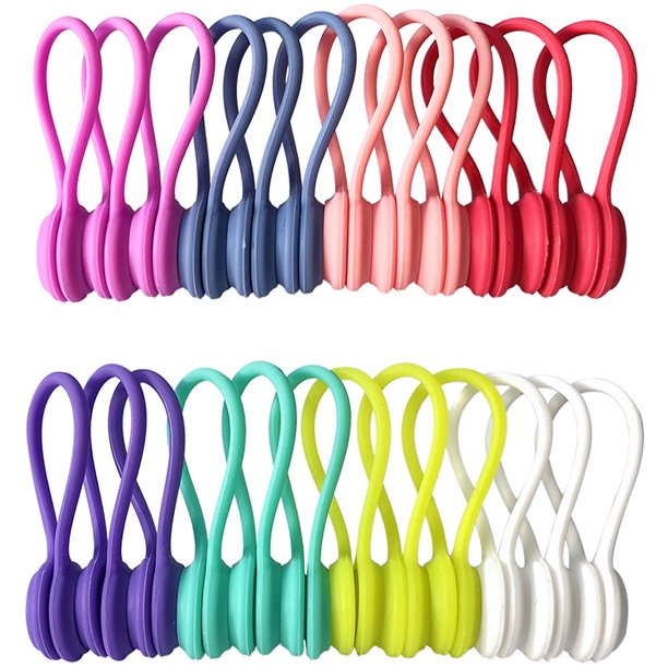 Lazos retorcidos reutilizables con fuerte imán para agrupar y organizar cables, cables de auriculares, cables de carga USB, colgar y sujetar llaveros, enrollador de cable de silicona Clips de cable magnéticos (8 colores - 24 unidades) BANYUO Electrónica