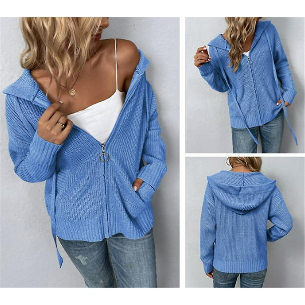 Blue Womens Hooded Knit Sweaters Zipper Coats Cardigan Tops Knitted Jackets  Outwear Knitwear Jumper 