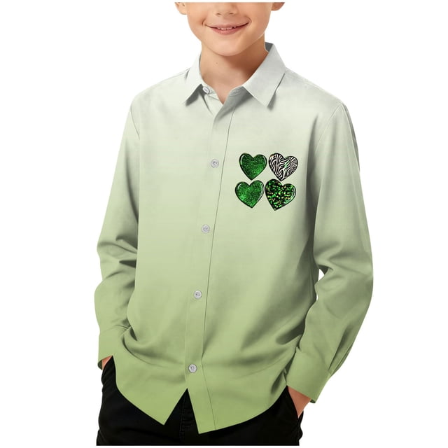 RXMEKW Chemise à Manches Longues Imprimée pour la Saint-Patrick pour Garçons avec Col Rabattu, 95 % Coton 5 % Spandex, Vert