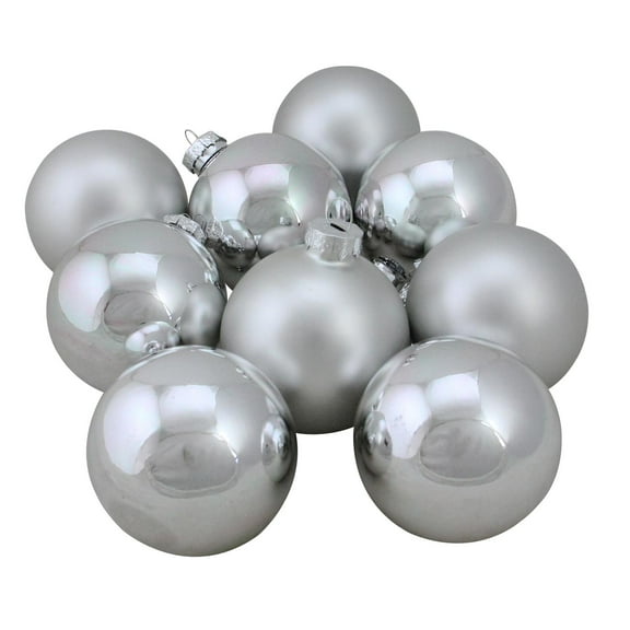 9-Piece Shiny and Matte Silver Glass Ball Christmas Ornament Set 2.5" (65mm)