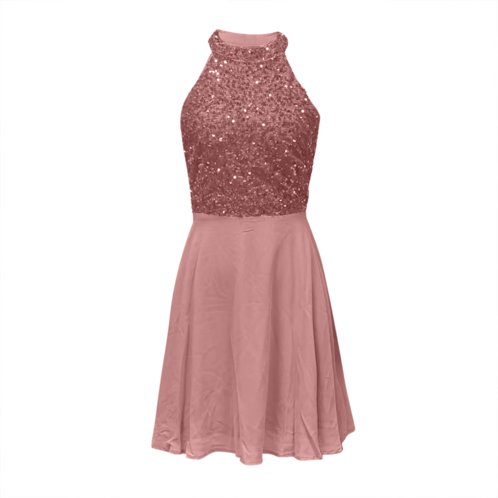 JGGSPWM Sequin Prom Dress for Women Halter Sleeveless Slim Skirt Dress Party Night Elegant Wedding Bridesmaid Dresses Pink M