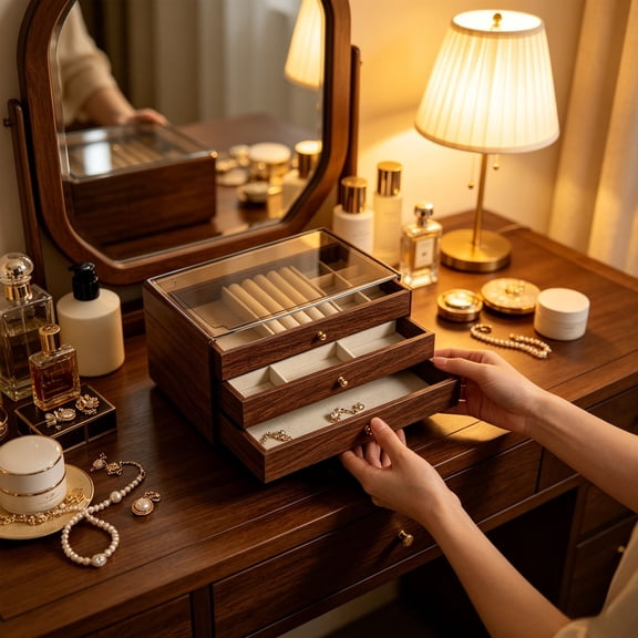 3 Layer Wooden Jewelry Box, Large Capacity Jewelry Organizer with Clear Lid and Drawers, Jewelry Storage for Earrings, Rings, Necklaces and Bracelets, Ideal for Dresser Vanity and Countertop