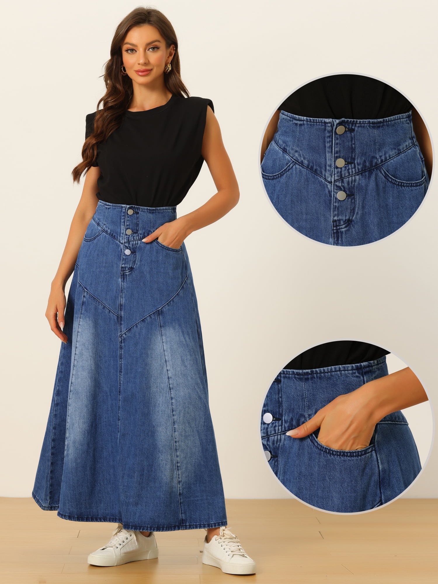 DARING DIVA Women's Casual Denim Skirt A-Line Flared Maxi Skirts M Blue