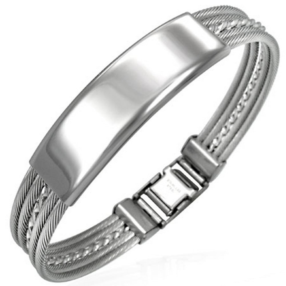 Stainless Steel SilverTone Twisted Cable Name Tag Mens Bracelet