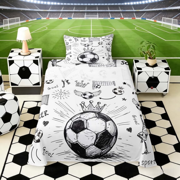 Erosebridal Sketch Soccer Twin Sheet Sets, Sport Bedding for Boys and Girls, 3-Piece, 1 Flat Sheet, 1 Fitted Sheet and 1 Pillowcase