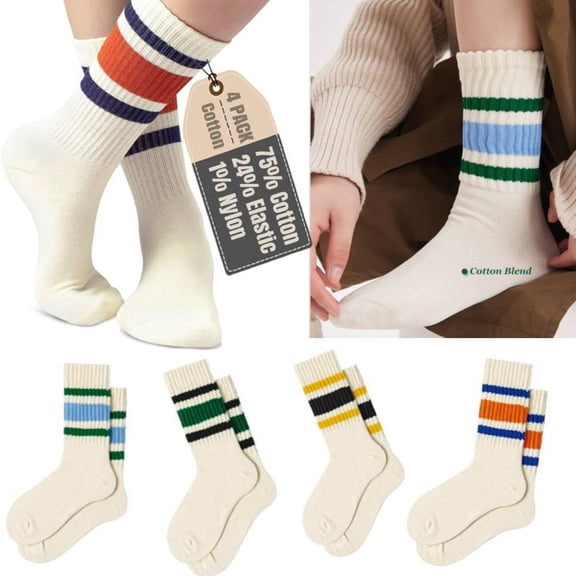 4 Pairs Striped Crew Socks, Fun Novelty Retro Striped Crew Socks For Women Sporty Calf Casual Cotton Tube Socks Women & Men