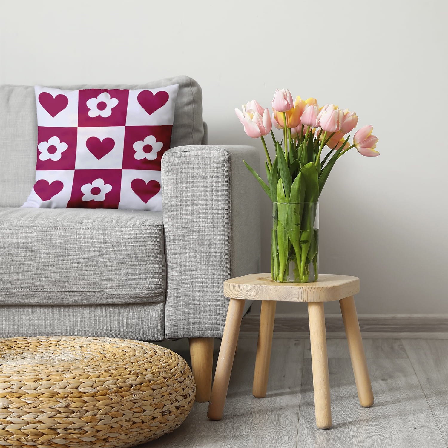 20" x 20" Simply Daisy Heart And Flowers Grid Polyester Accent Pillow, Bold Pink Qty 1