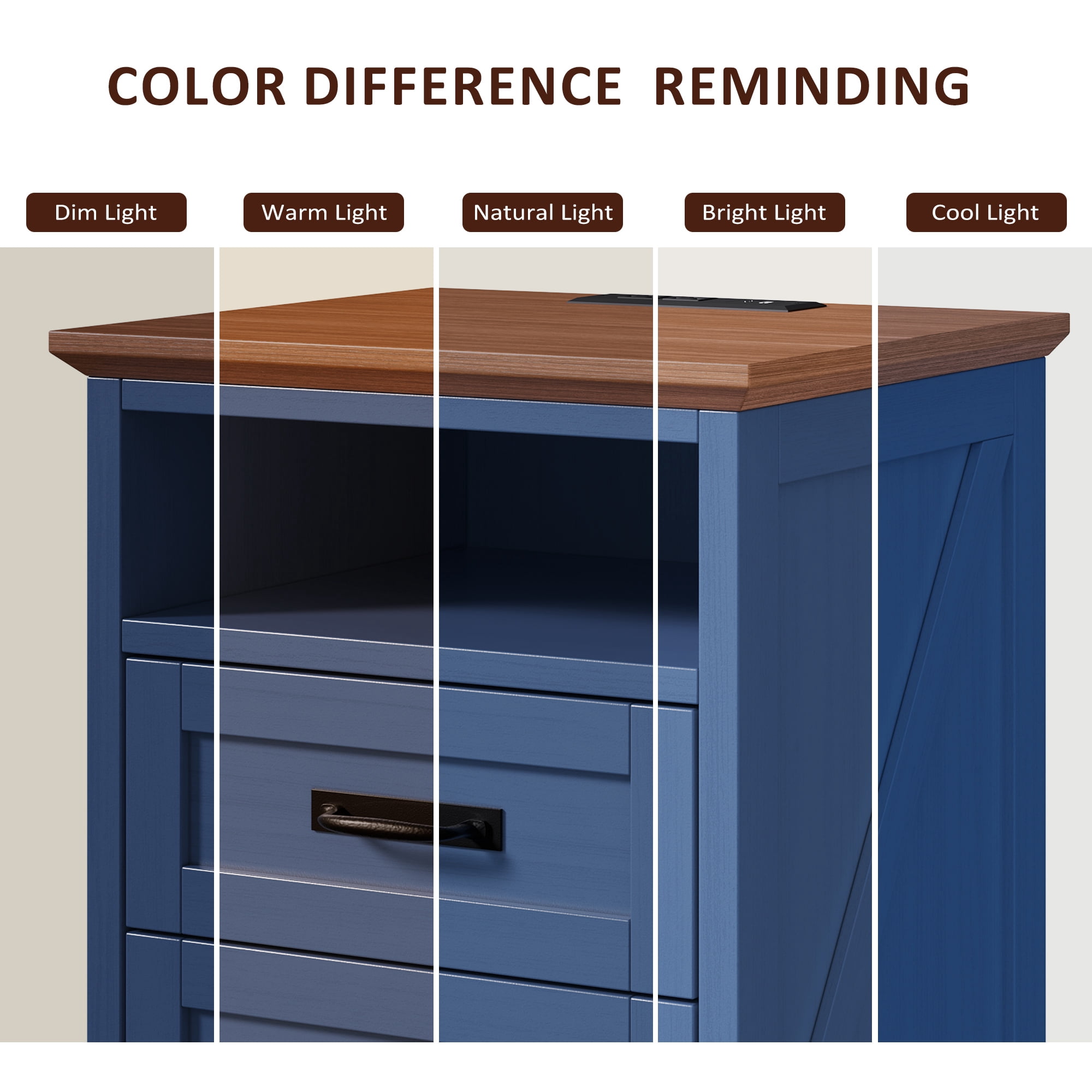 Farmhouse Nightstand Set of 2, 18 inch End Table with Charging Station for Bedroom, Living Room, Blue
